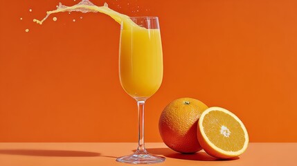 Freshly squeezed orange juice splashing into a tall glass, accompanied by whole and sliced oranges, set against a vibrant orange background, evoking a refreshing summer beverage experience