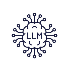 LLM icon, Large Language Model line design with brain