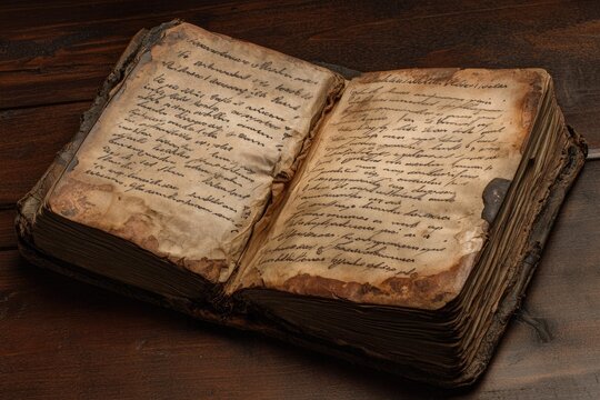  Open antique book with handwritten script on rustic woo