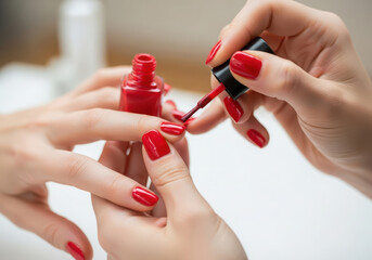 Close up of hands receiving a red nail polish manicure