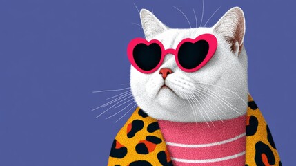 Stylish white cat wearing heart-shaped sunglasses and a colorful leopard print jacket, posing confidently against a vibrant purple background, showcasing a playful and trendy feline fashion statement