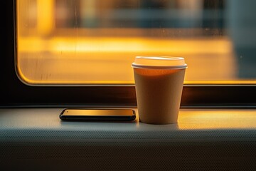 Disposable coffee cup and smartphone on train window ledge at sunset