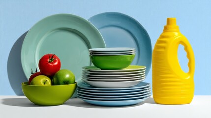 Colorful kitchenware arrangement featuring stacked plates, vibrant bowls with fresh fruits, and a bright yellow bottle, showcasing a cheerful and organized culinary space with copy space
