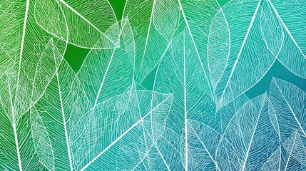 Dense abstract leaf skeleton pattern on bright green to turquoise gradient background