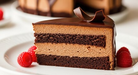 Indulge your senses with a decadent chocolate cake slice drizzled in rich ganache, paired with fresh raspberries, a perfect treat for dessert lovers