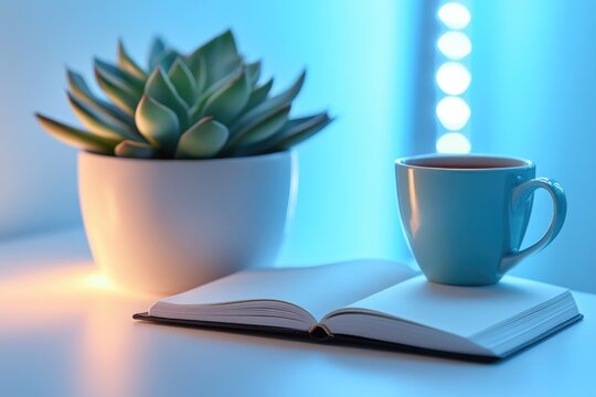  Cozy Study Scene with Open Book Blue Coffee Cup and Suc