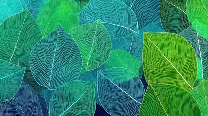 Overlapping gradient leaves with soft line texture creating lush botanical background