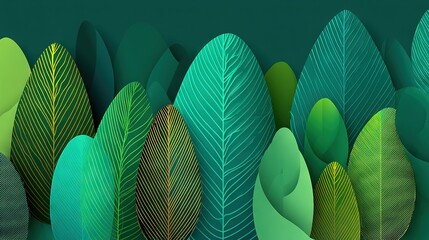 Stylized leaf hill silhouette on deep emerald background with layered botanical shapes