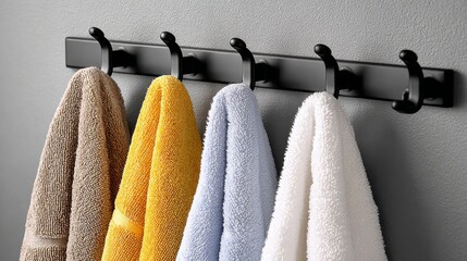 Soft, fluffy towels hanging neatly on a modern black hook rack against a textured gray wall, showcasing vibrant colors and inviting warmth for a cozy bathroom atmosphere