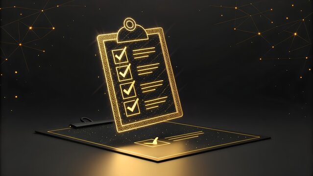 Elegant glowing checklist for business compliance and task management success, complete!