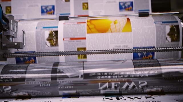 Newspaper printing press conveyor belt. Breaking news.