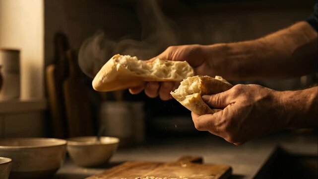 Close-up of male hands tearing hot steaming flatbread in a rustic kitchen. Freshly baked pita or naan bread breaking open with steam rising. Homemade artisan baking concept