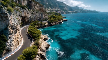 Obraz premium Winding coastal race track runs along stunning turquoise ocean under a clear blue sky.