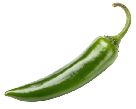 Green chili pepper clipart, slim curved shape, minimal highlights, bold digital outline, transparent background