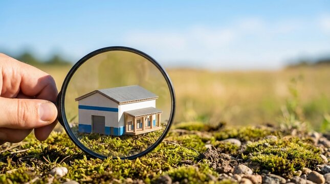 Magnifying glass focusing on a small shop, supplier, or factory in a natural environment, symbolizing inspection, detail, and evaluation of business premises