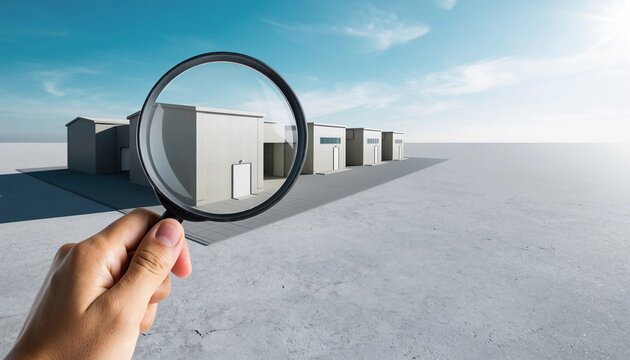 Concept of choosing a business partner by focusing a magnifying glass on one warehouse, searching for the ideal shop, industrial supplier, or manufacturing factory