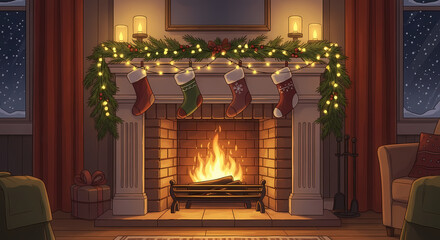 A cozy and inviting interior scene focusing on a lit fireplace, radiating a warm, flickering glow. The mantel is decorated with festive green garland, pine cones, and twinkling string lights,