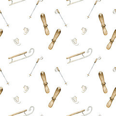 Sleigh, skis, ice skates, winter funs seamless pattern. Watercolor hand drawn illustration isolated on white background or cozy sport design Christmas card kids fabric holiday textile wrapping paper