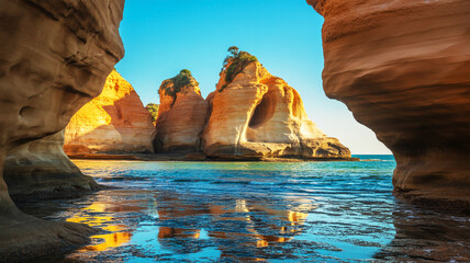 Dramatic HDR Landscape Photograph of Coastal Rock Formations Bathed in Golden Sunlight with Reflective Water Below