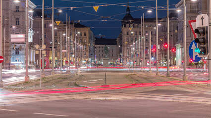 Monument to Schwarzenberg on Schwarzenbergplatz square day to night timelapse in Vienna. Austria