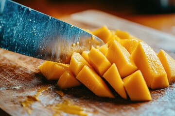  Slicing Fresh Ripe Mango on Wooden Cutting Board