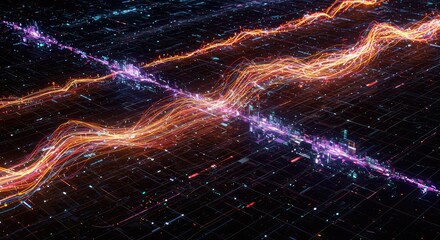 Dynamic data streams flowing across a digital grid, perfect for illustrating cutting-edge technology, AI, and high-speed networks in vibrant colors and modern style