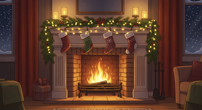 A cozy and inviting interior scene focusing on a lit fireplace, radiating a warm, flickering glow. The mantel is decorated with festive green garland, pine cones, and twinkling string lights,