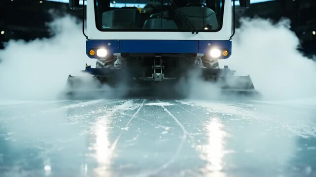 An ice resurfacer drives towards the camera while cleaning a hockey rink. Close-up of maintenance equipment preparing the ice surface for a game