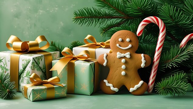 Gingerbread man with christmas presents and candy canes under a tree