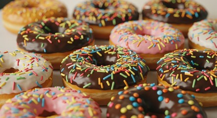 Indulge in colorful donuts with chocolate, vanilla, and strawberry frosting, perfect for sweet cravings and bakery promotions, ideal for dessert lovers