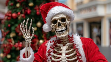 Skeleton dressed in festive red Santa suit and hat, waving cheerfully in front of a decorated Christmas tree, embodying holiday spirit and humor in a playful scene