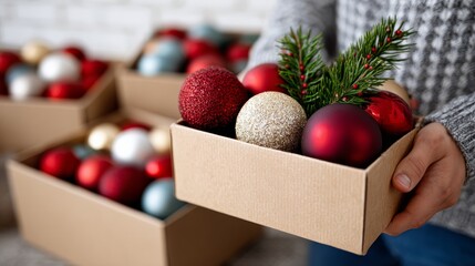 Individual holding a box filled with colorful Christmas ornaments and greenery, surrounded by additional boxes of festive decorations, capturing the essence of holiday preparation and celebration
