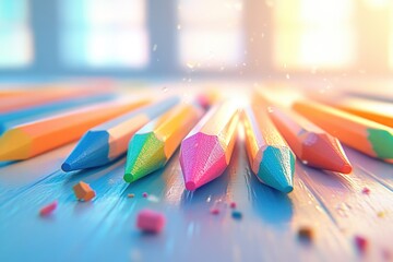 Macro Shot of Colorful Pencils on Blue Wooden Desk with