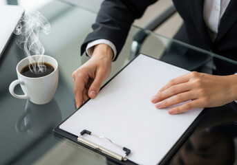 Business professional reviewing documents with a hot cup of coffee