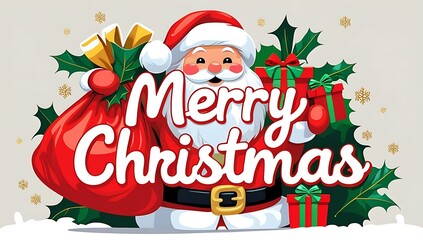 Santa claus holding a sack of gifts with merry christmas text