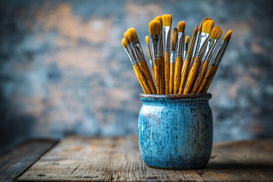 Artist Paintbrushes in Rustic Blue Jar on Wooden Table - Powered by Adobe