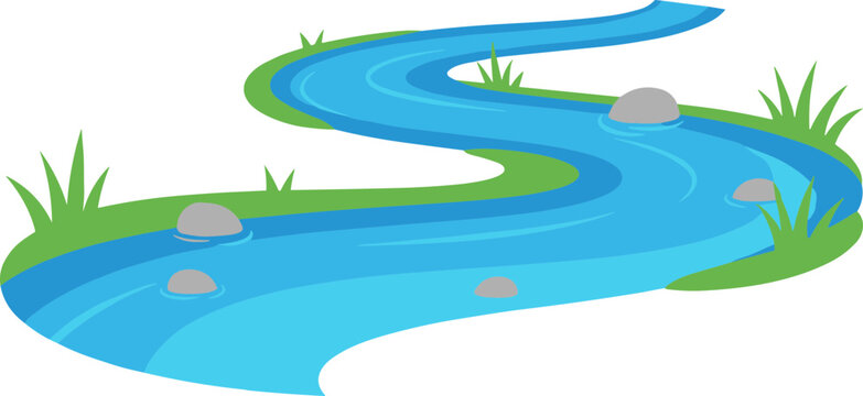 Flat Design Curvy Blue River with Rock and Grass Illustration