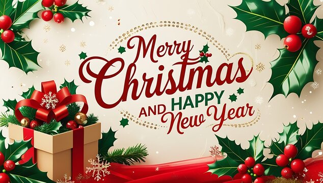 Merry christmas and happy new year festive greeting with gift box and holly