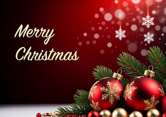Luxury Christmas Background with Red & Gold Ornaments, Pine Branches, Silver Snowflakes and Bokeh on Deep Red
