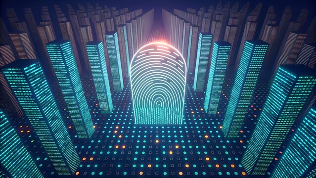 Stunning digital city skyline with glowing fingerprint offers secure identity access
