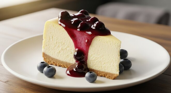 Indulge in this creamy cheesecake with a vibrant blueberry topping, perfect for dessert menus, food blogs, and sweet treats promotions with delicious flavor