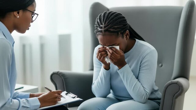 Black woman cries during therapy session while therapist takes notes 4k high quality footage