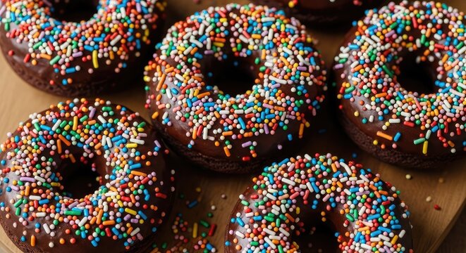 Indulge in delicious chocolate donuts covered with vibrant sprinkles, perfect for sweet cravings and joyous celebrations or designing eye-catching dessert ads