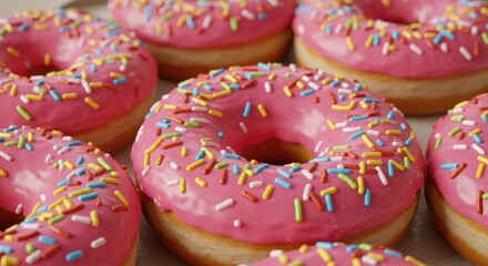 Sweeten your day with delicious pink frosted donuts covered in vibrant sprinkles - the perfect treat for celebrations, bakeries, and delightful dessert cravings