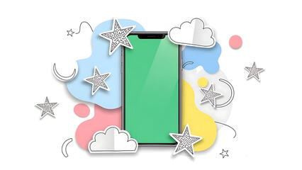 Creative mobile phone concept with a blank screen and whimsical paper art decorations of a night sky with stars and clouds