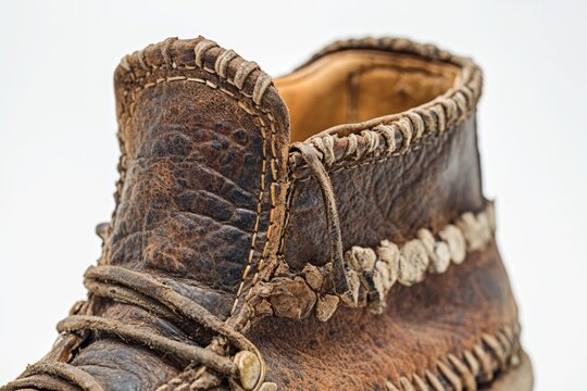 Close-Up Detail of Hand-Stitched Brown Leather Moccasin Boot