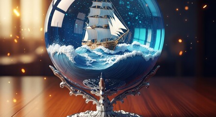 Vintage ship model sailing the high seas inside glass globe, a nostalgic gift idea, a beautiful nautical decor piece, perfect for dreamers and adventure seekers