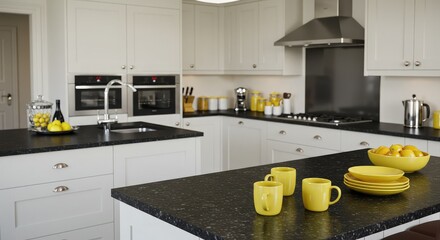 Stylish modern kitchen interior with bright yellow accents offering fresh contemporary vibe for family living and entertaining, ready for gourmet cooking