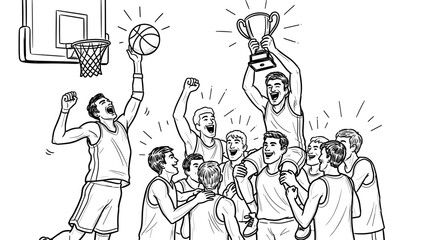 Basketball team celebrating The NBA Cup in black and white illustration  