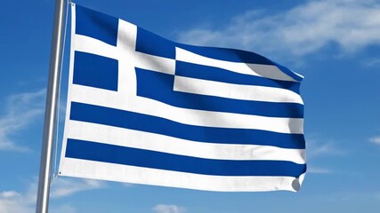 Greek flag waves proudly in the breeze against a vibrant blue sky, a symbol of national pride and freedom for Greece and its people